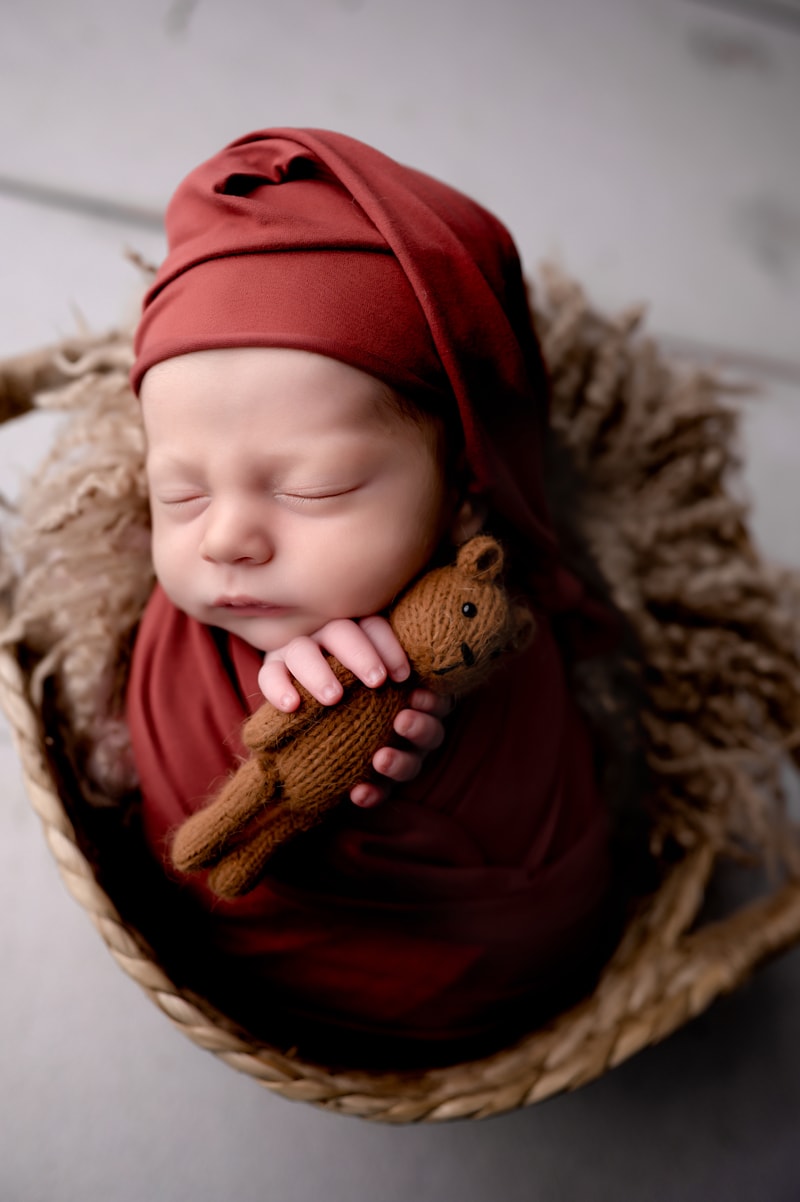 Newborn boy in the studio. He is in a basket, wrapped in red with a sleepy cap on and holding a teddy bear.
