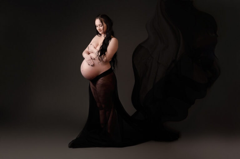 Maternity Photoshoot with mom in all black draping fabric. Maternity photographer in Morgantown, wV