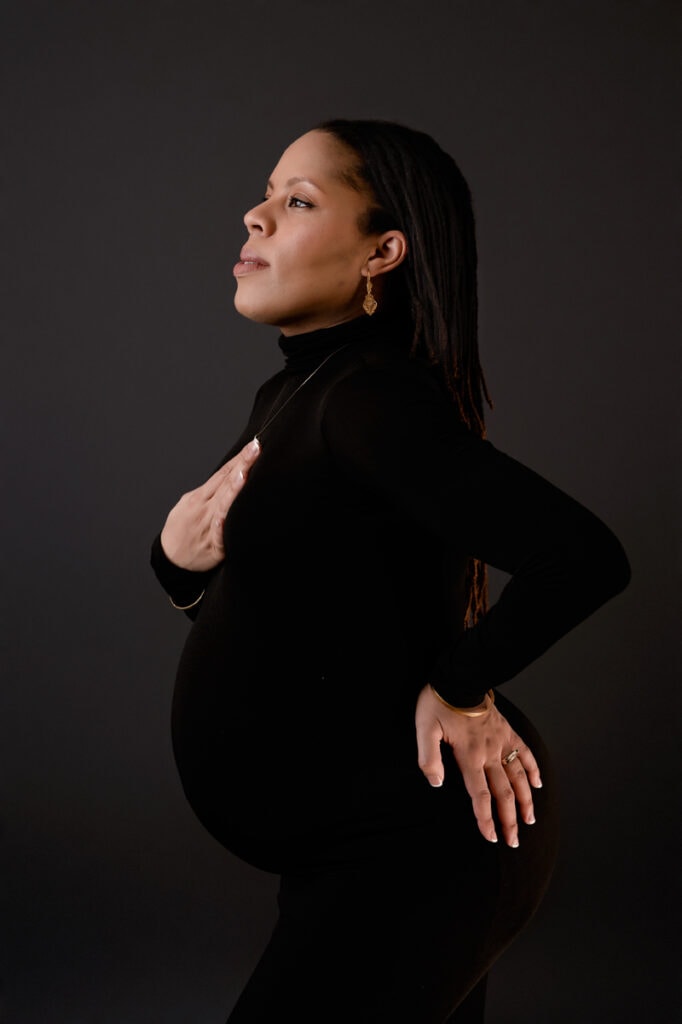 Maternity mom in black dress. Cheat Lake maternity photographer